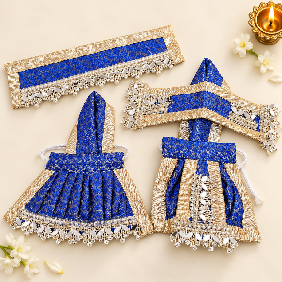 Radha Krishna Royal Blue Designer Shringar Set – Golden Pearl Work