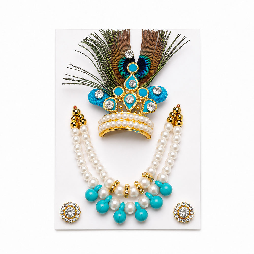 Premium Laddu Gopal Shringar Set | Blue & Pearl Mala, Mor Pankh Mukut & Earrings for Thakurji Deity