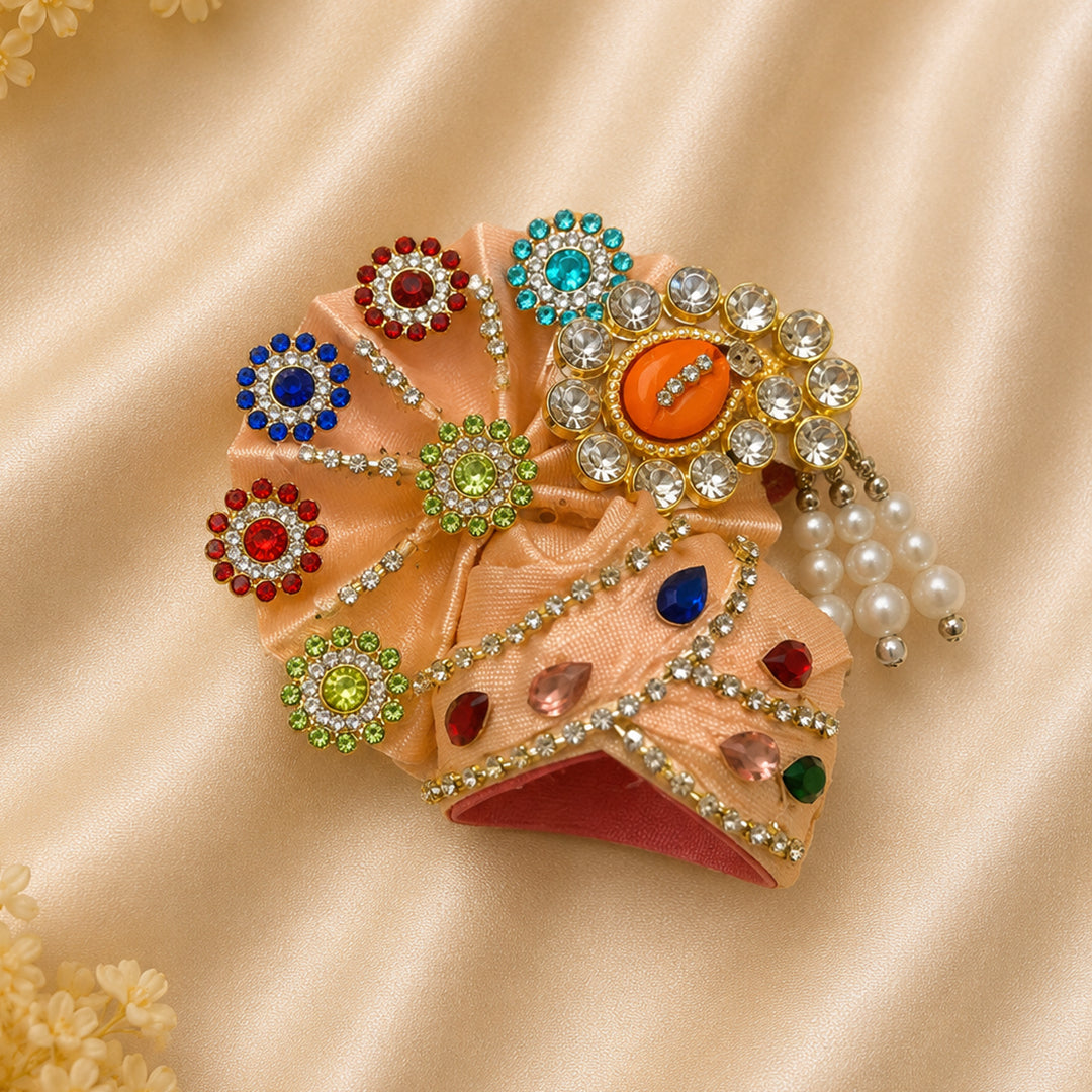 Daivik Vastram Peach Designer Laddu Gopal Pagdi | Multicolor Stone & Pearl Embellished Kanha Ji Safa | Handmade Shringar Headwear