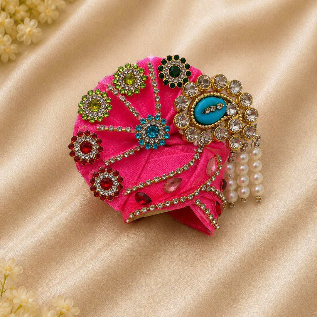Daivik Vastram Pink Designer Laddu Gopal Pagdi | Stone & Pearl Embellished Kanha Ji Safa | Handmade Shringar Mukut for Bal Gopal