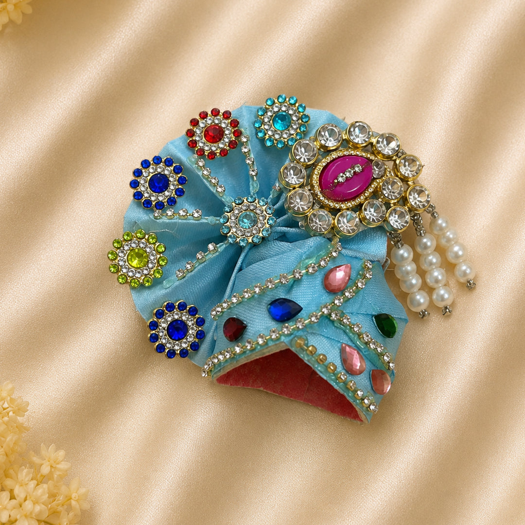 Daivik Vastram Sky Blue Designer Laddu Gopal Pagdi Multicolor Stone & Pearl Embellished Kanha Ji Safa Handmade Shringar Headwear