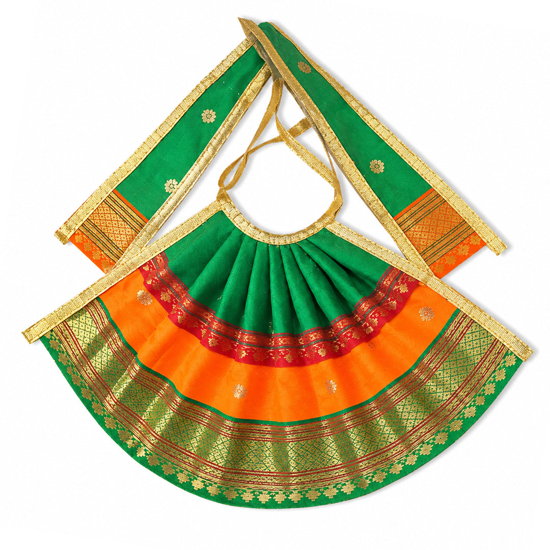 Designer Silk Mata Rani Dress – Green & Orange