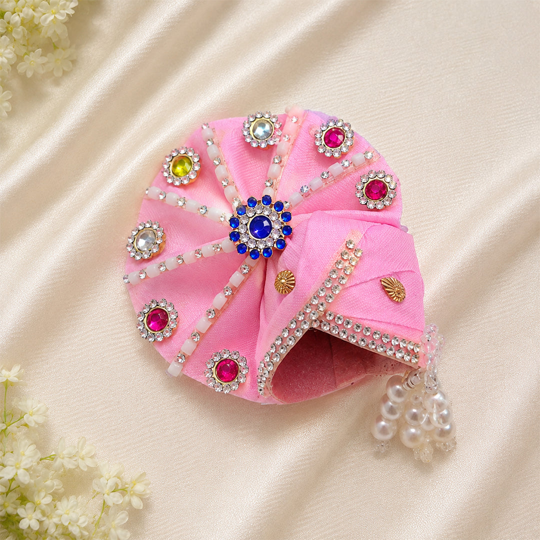 Baby Pink Laddu Gopal Poshak With Mukut | Zardozi Embroidered Kanha Ji Dress with Sapphire & Pearl Motifs