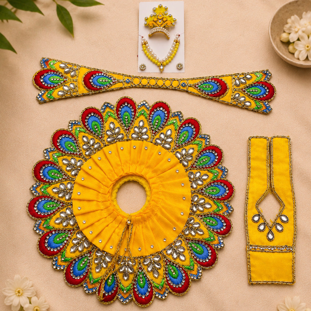 Yellow Peacock Design Laddu Gopal Poshak Set with Accessories (Mukut & Mala)