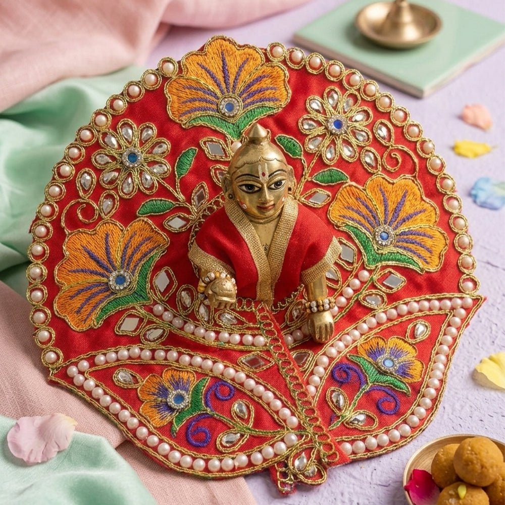 Laddu Gopal Red Dress with Pearl & Zari Work