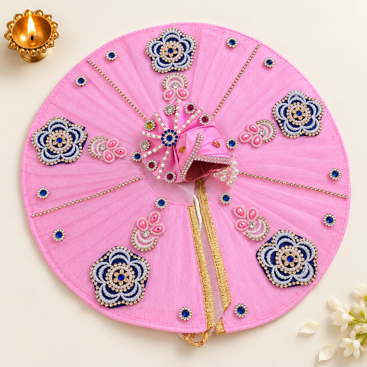 Baby Pink Laddu Gopal Poshak With Mukut | Zardozi Embroidered Kanha Ji Dress with Sapphire & Pearl Motifs