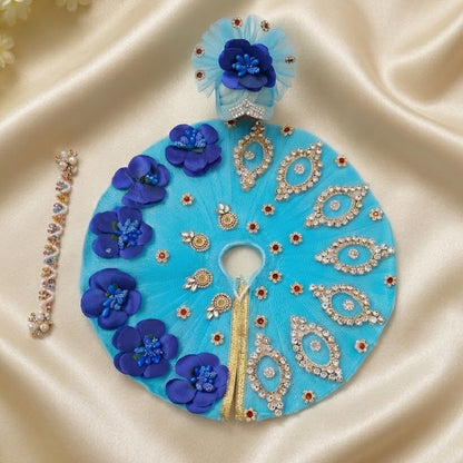 Premium Sky Blue & Royal Blue 3D Flower Laddu Gopal Poshak with Heavy Stone Work & Mukut Set