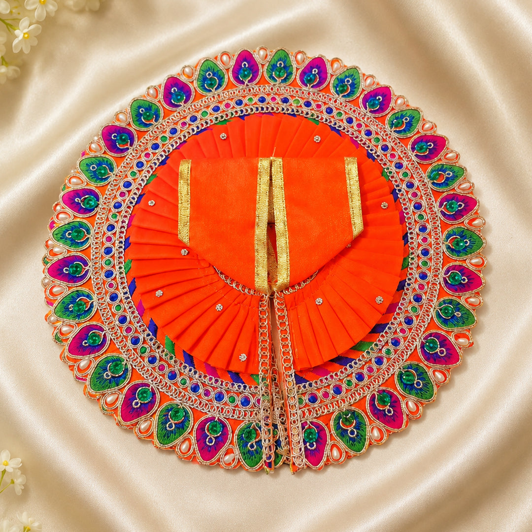 Bright Orange Peacock Feather Embroidered Poshak for Laddu Gopal | Zari & Stone Work Deity Dress