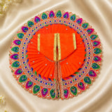 Bright Orange Peacock Feather Embroidered Poshak for Laddu Gopal | Zari & Stone Work Deity Dress