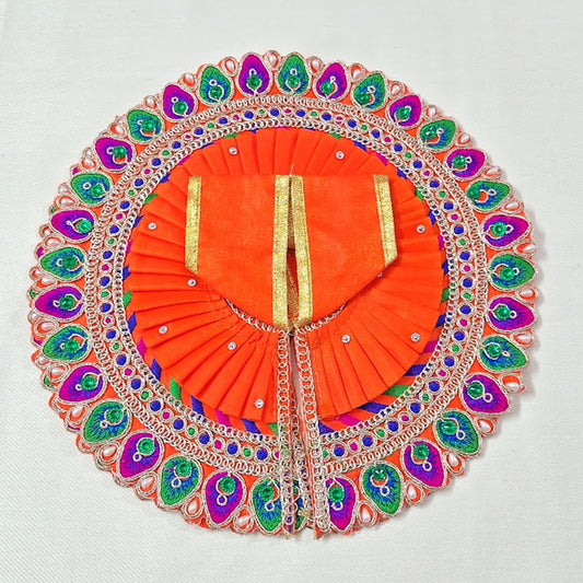 Bright Orange Peacock Feather Embroidered Poshak for Laddu Gopal | Zari & Stone Work Deity Dress