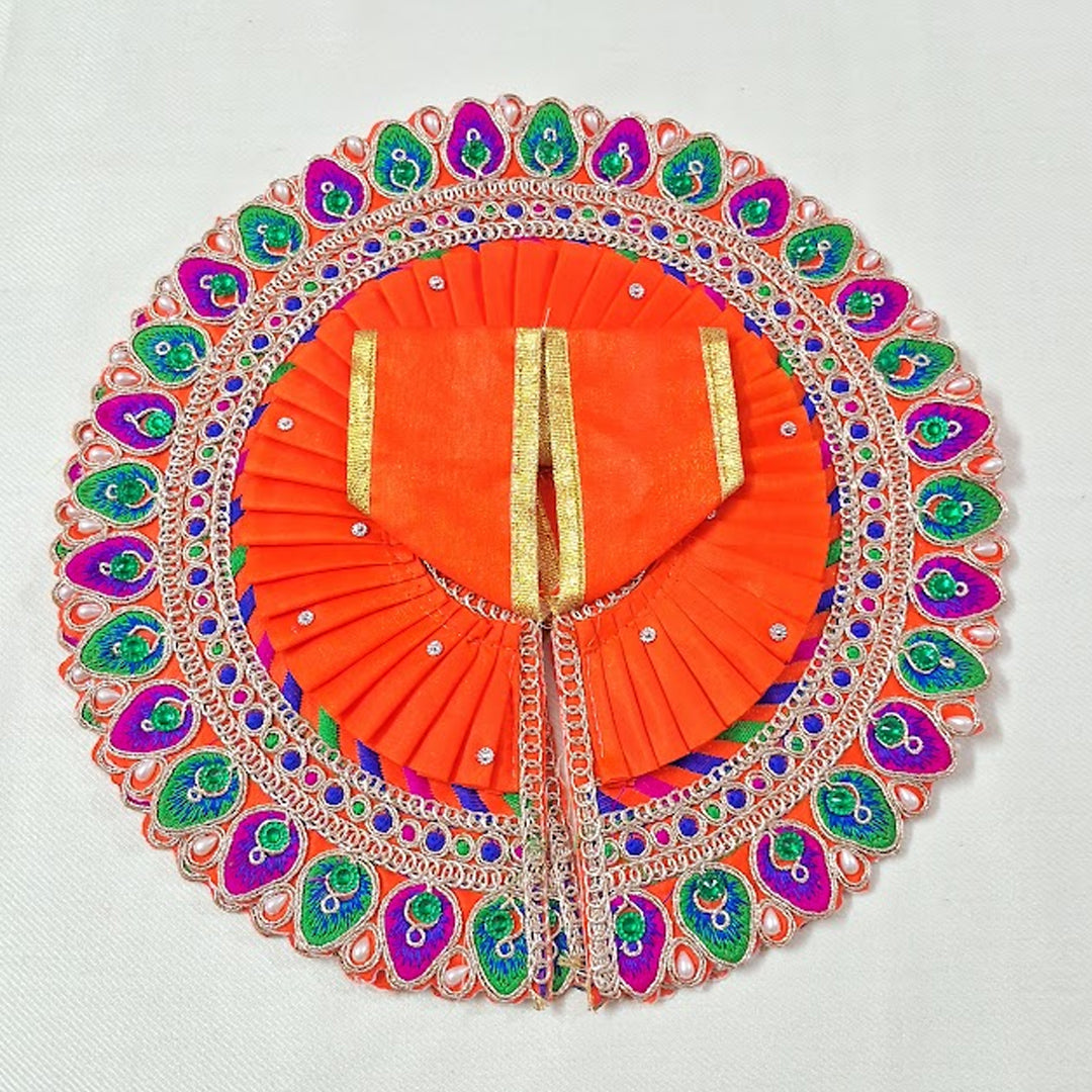 Bright Orange Peacock Feather Embroidered Poshak for Laddu Gopal | Zari & Stone Work Deity Dress