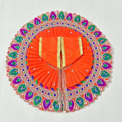 Bright Orange Peacock Feather Embroidered Poshak for Laddu Gopal | Zari & Stone Work Deity Dress
