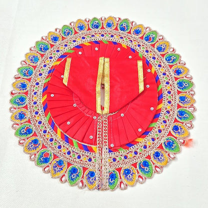 Red Peacock Feather Embroidered Poshak for Laddu Gopal | Zari & Blue Stone Work Deity Dress
