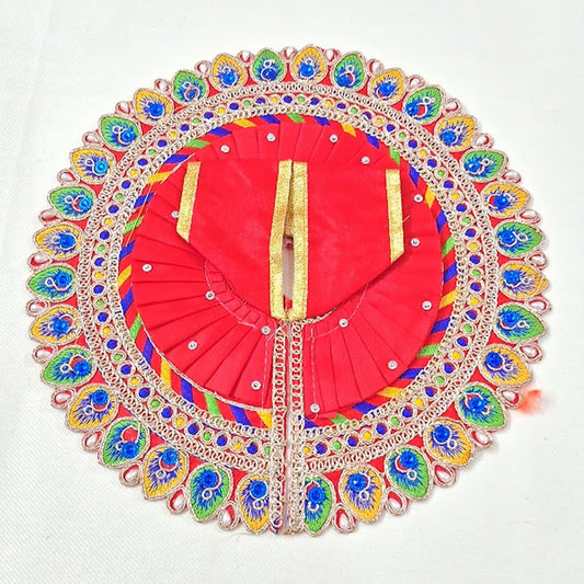 Red Peacock Feather Embroidered Poshak for Laddu Gopal | Zari & Blue Stone Work Deity Dress