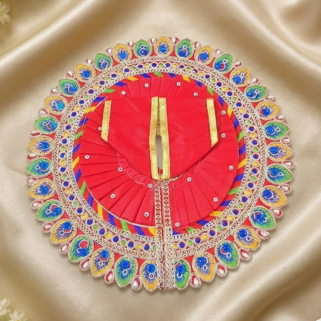 Red Peacock Feather Embroidered Poshak for Laddu Gopal | Zari & Blue Stone Work Deity Dress
