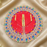 Red Peacock Feather Embroidered Poshak for Laddu Gopal | Zari & Blue Stone Work Deity Dress