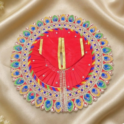 Red Peacock Feather Embroidered Poshak for Laddu Gopal | Zari & Blue Stone Work Deity Dress