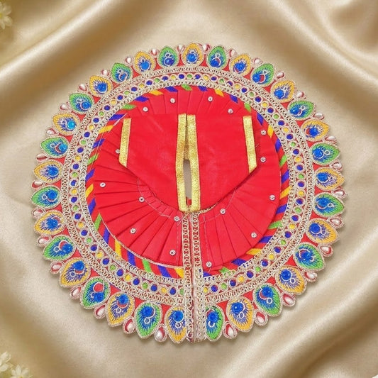 Red Peacock Feather Embroidered Poshak for Laddu Gopal | Zari & Blue Stone Work Deity Dress