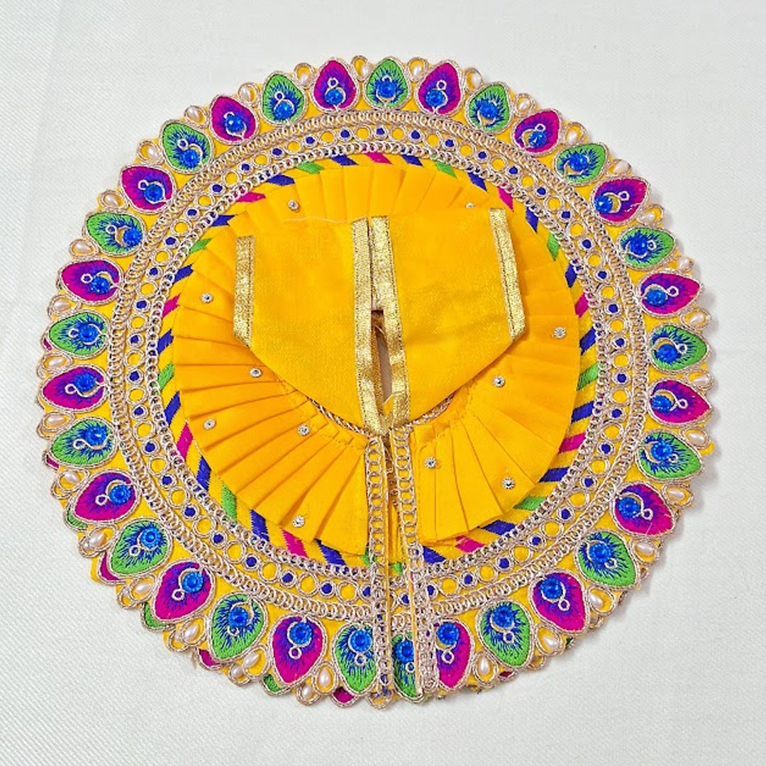 Yellow Peacock Feather Embroidered Poshak for Laddu Gopal | Zari & Blue Stone Work Deity Dress