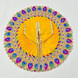 Yellow Peacock Feather Embroidered Poshak for Laddu Gopal | Zari & Blue Stone Work Deity Dress