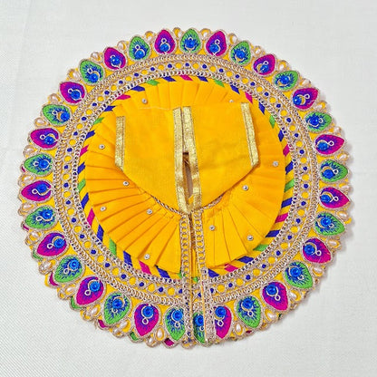 Yellow Peacock Feather Embroidered Poshak for Laddu Gopal | Zari & Blue Stone Work Deity Dress