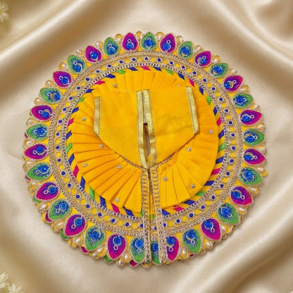 Yellow Peacock Feather Embroidered Poshak for Laddu Gopal | Zari & Blue Stone Work Deity Dress