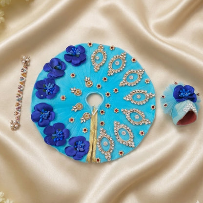 Premium Sky Blue & Royal Blue 3D Flower Laddu Gopal Poshak with Heavy Stone Work & Mukut Set