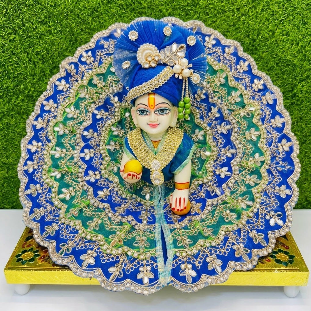 Royal Blue & Green Handcrafted Laddu Gopal Dress with Mukut | Designer Embroidered Kanha Ji Poshak Set