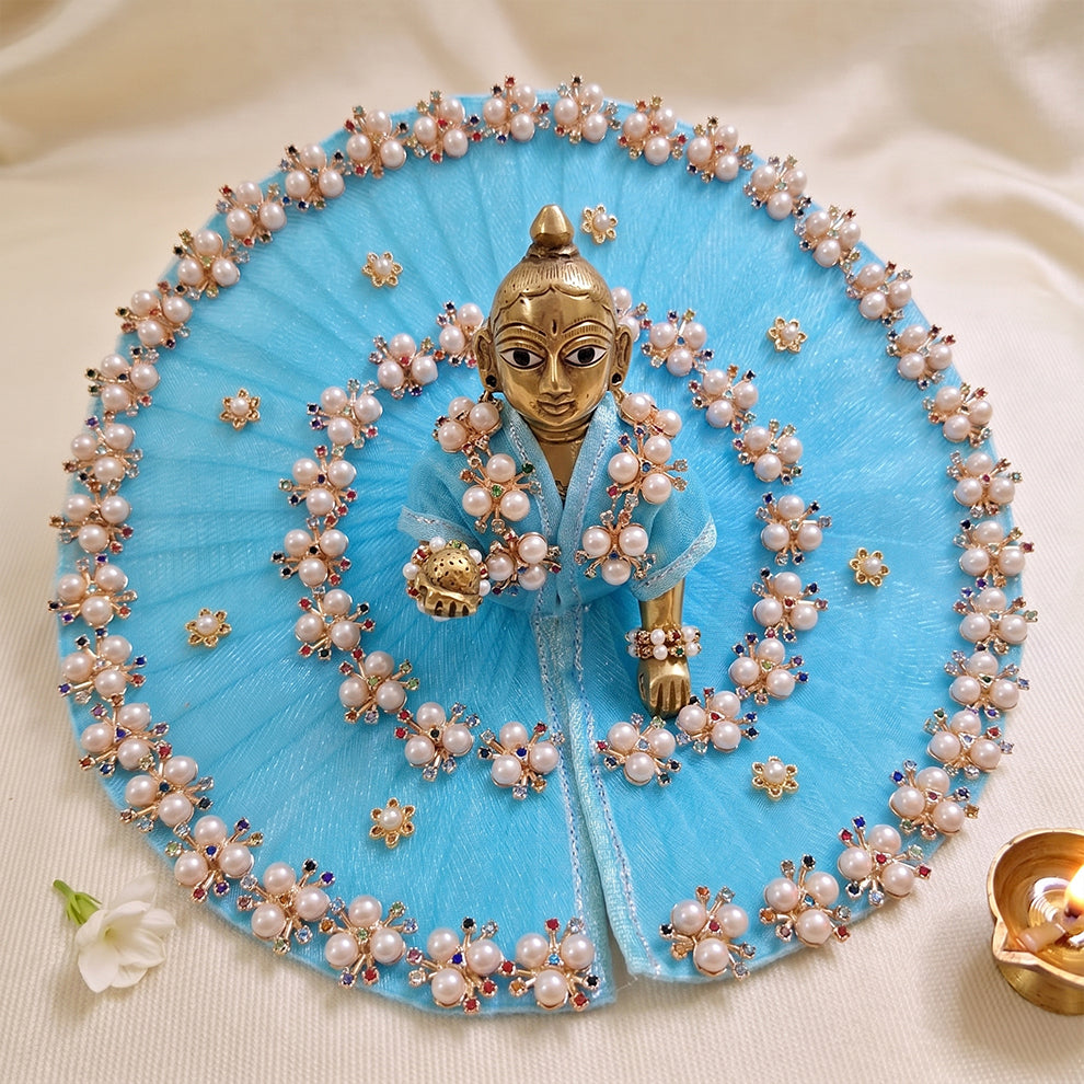 Sky Blue Laddu Gopal Poshak | Pearl & Multicolor Stone Embroidered Thakurji Dress | Size 4 to 7