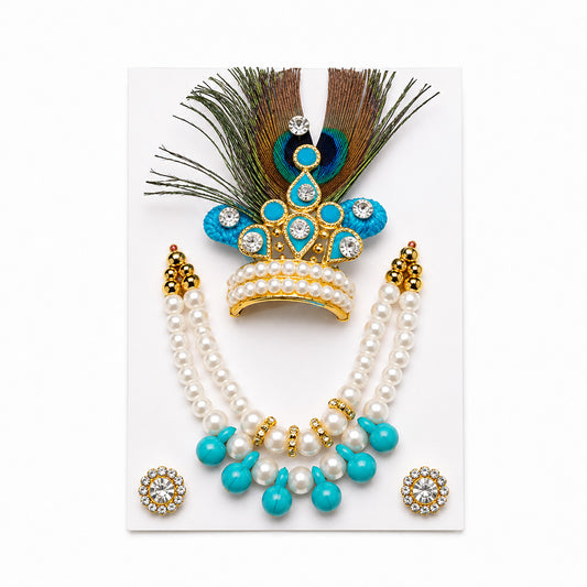 Premium Laddu Gopal Shringar Set | Blue & Pearl Mala, Mor Pankh Mukut & Earrings for Thakurji Deity