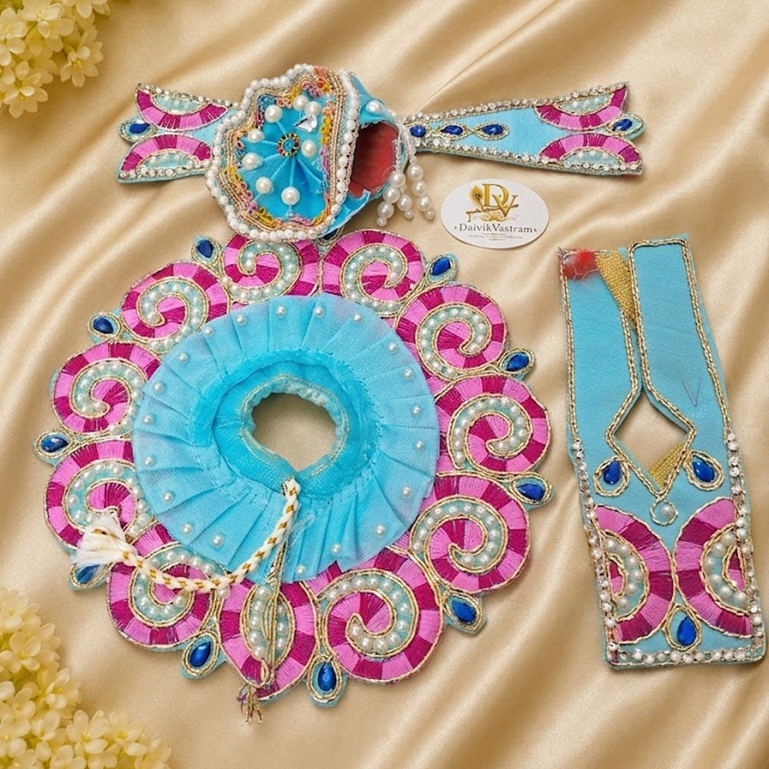Sky Blue Handcrafted Laddu Gopal Dress Set with Mukut