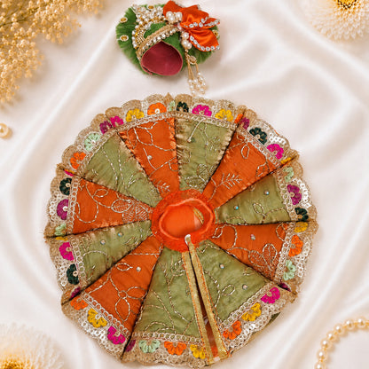 Olive Green & Orange Handcrafted Laddu Gopal Dress with Pagadi