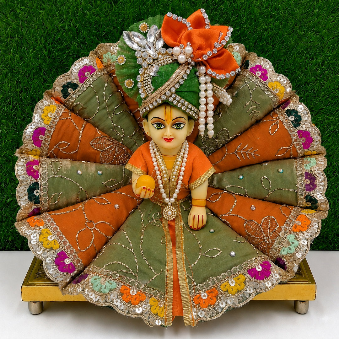 Olive Green & Orange Handcrafted Laddu Gopal Dress with Pagadi