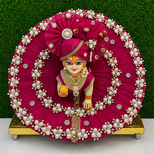 Magenta Laddu Gopal Poshak | Pearl & Navaratna Embellished Kanha Ji Dress With Pagadi | Sizes 0 to 6 | Premium Rani Pink Thakurji Outfit