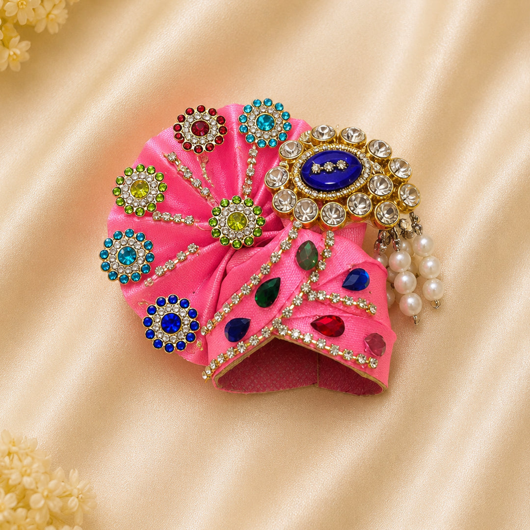 Daivik Vastram Pink Designer Laddu Gopal Pagdi Multicolor Stone & Pearl Embellished Kanha Ji Safa Handmade Shringar Headwear