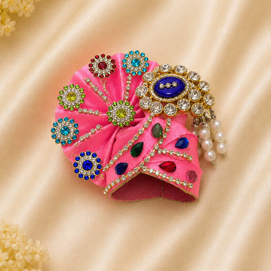 Daivik Vastram Pink Designer Laddu Gopal Pagdi Multicolor Stone & Pearl Embellished Kanha Ji Safa Handmade Shringar Headwear