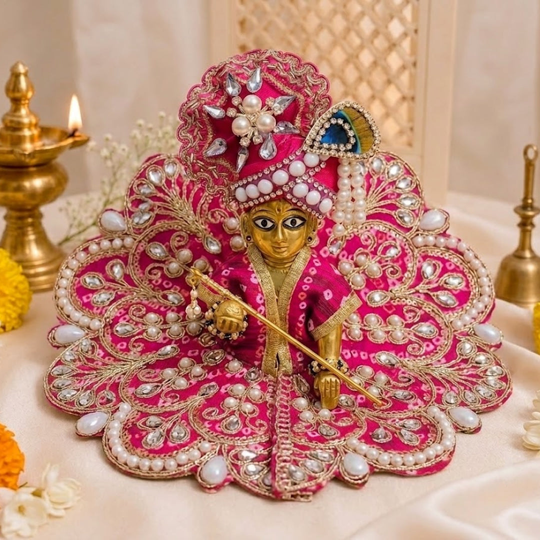 Rani Pink Pearl Embroidered Laddu Gopal Poshak with Matching Pagadi