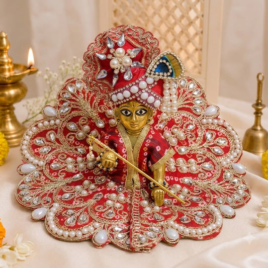 Royal Red Pearl Embroidered Laddu Gopal Poshak with Designer Pagadi