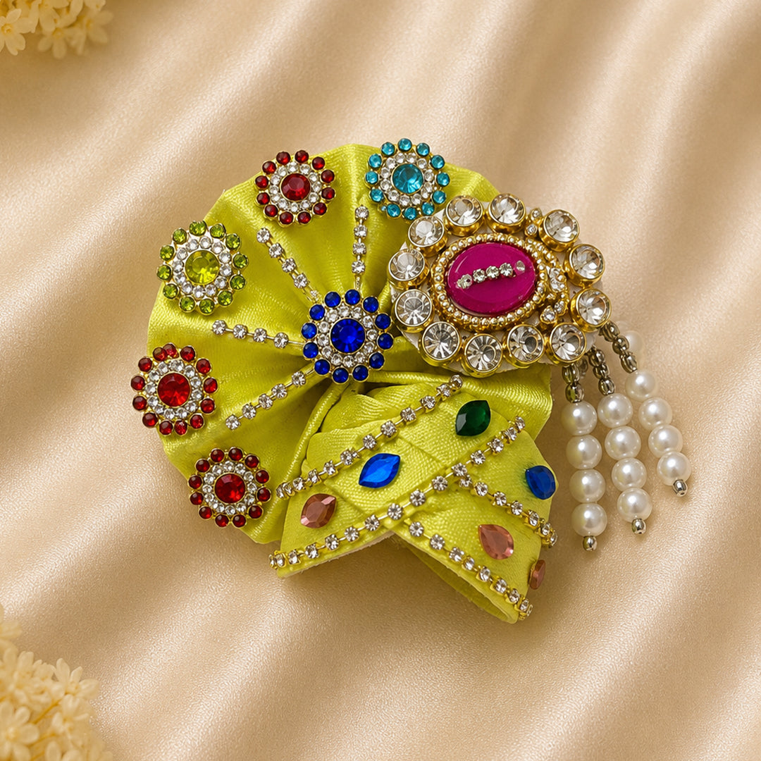 Daivik Vastram Yellow Designer Laddu Gopal Pagdi | Multicolor Stone & Pearl Embellished Kanha Ji Safa | Handmade Shringar Headwear