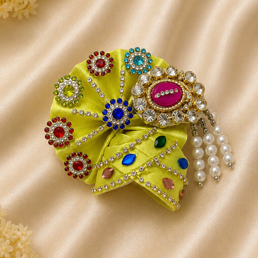 Daivik Vastram Yellow Designer Laddu Gopal Pagdi | Multicolor Stone & Pearl Embellished Kanha Ji Safa | Handmade Shringar Headwear