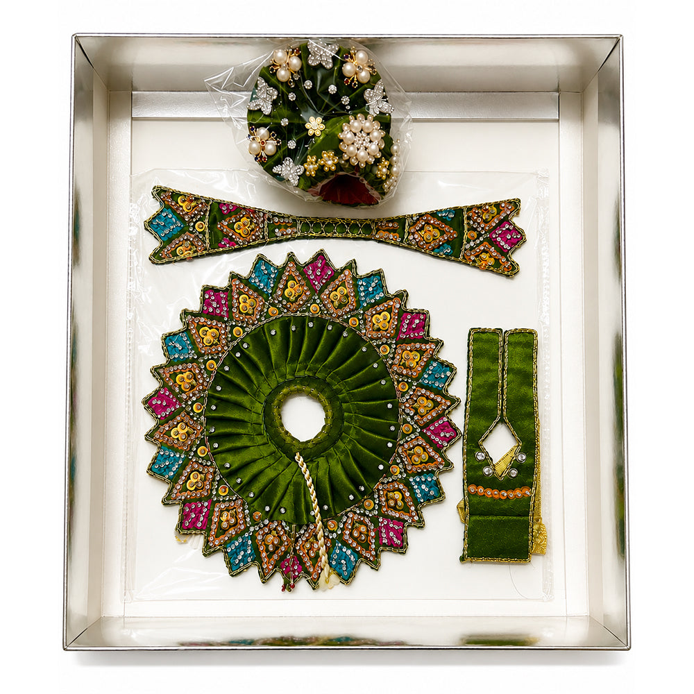 Green Handcrafted Laddu Gopal Dress Set with Mukut