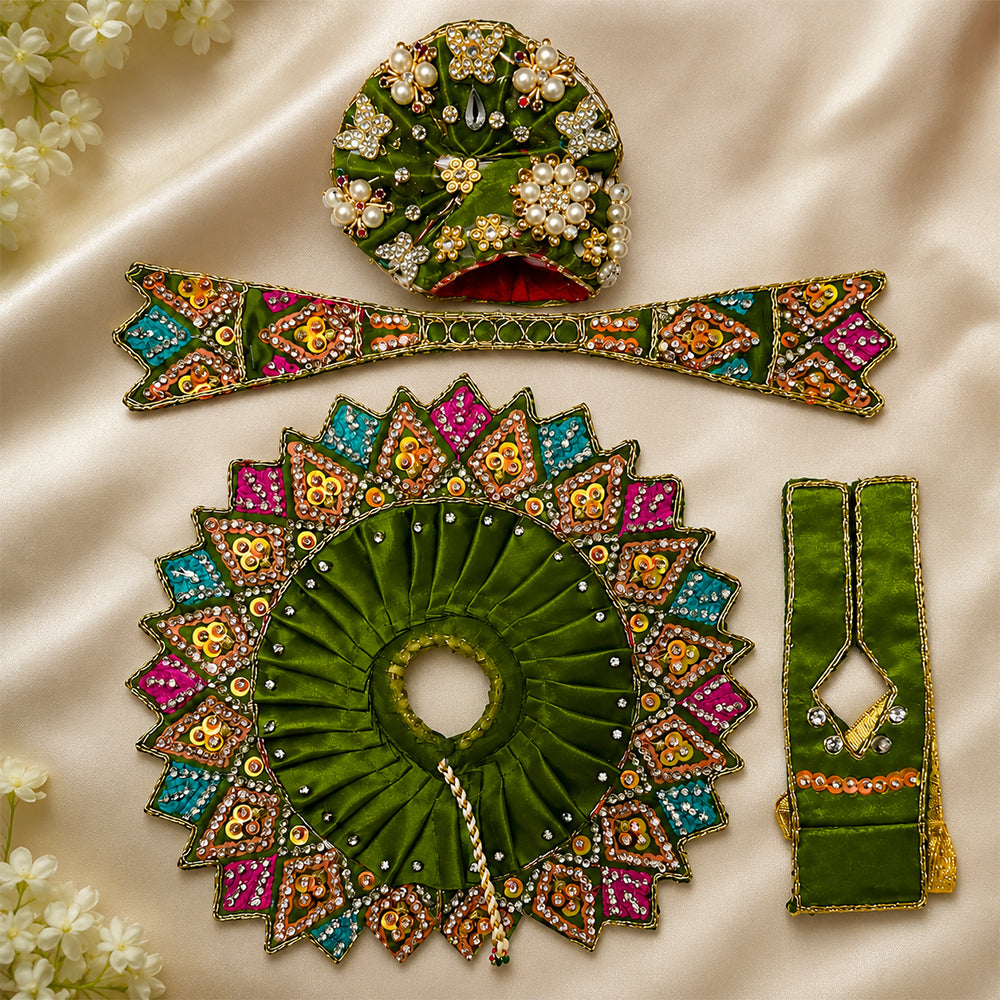 Green Handcrafted Laddu Gopal Dress Set with Mukut