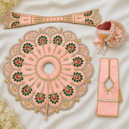 Premium Peach Handcrafted Laddu Gopal Dress Set with Mukut | Silk Poshak | Daivik Vastram