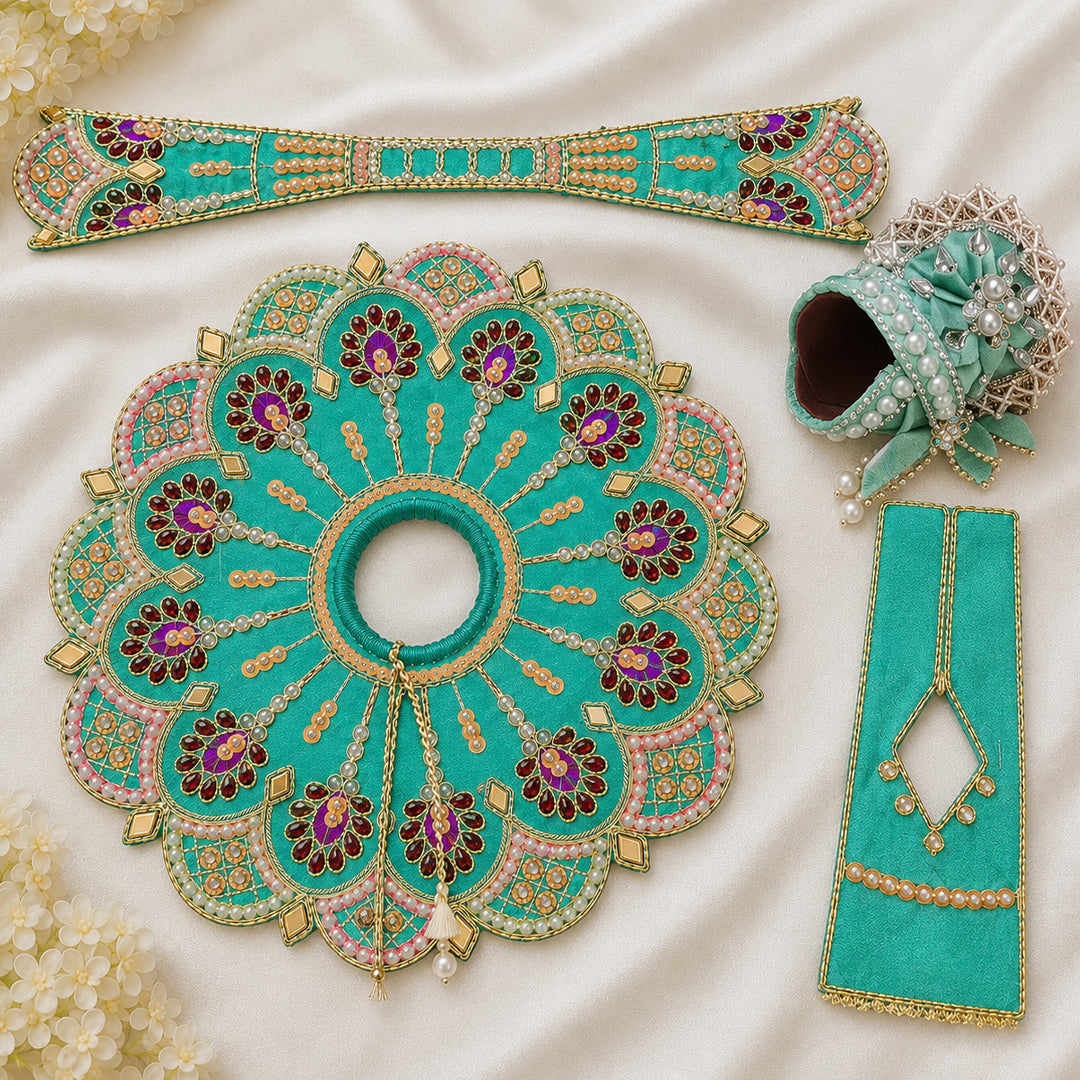 Premium Sea Green Handcrafted Laddu Gopal Dress Set with Mukut | Silk Poshak | Daivik Vastram