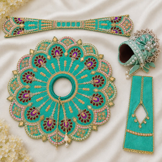 Premium Sea Green Handcrafted Laddu Gopal Dress Set with Mukut | Silk Poshak | Daivik Vastram
