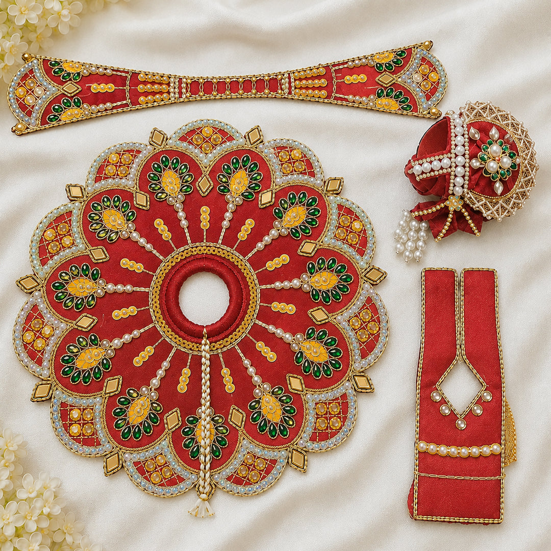 Premium Red Handcrafted Laddu Gopal Dress Set with Mukut | Silk Poshak | Daivik Vastram