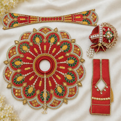 Premium Red Handcrafted Laddu Gopal Dress Set with Mukut | Silk Poshak | Daivik Vastram