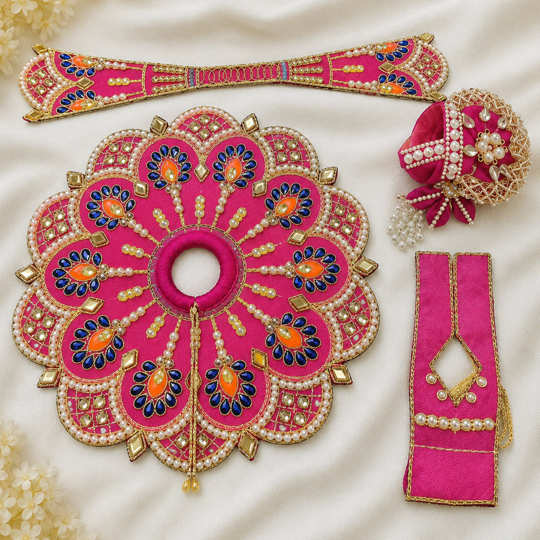 Premium Rani Pink Handcrafted Laddu Gopal Dress Set with Mukut | Silk Poshak | Daivik Vastram