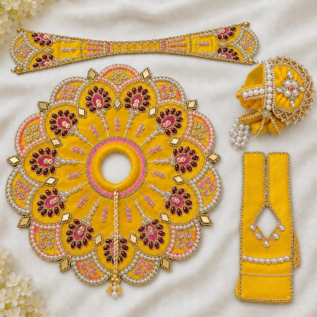 Premium Designer Yellow Laddu Gopal Poshak with Heavy Kundan Work & Jewelled Mukut