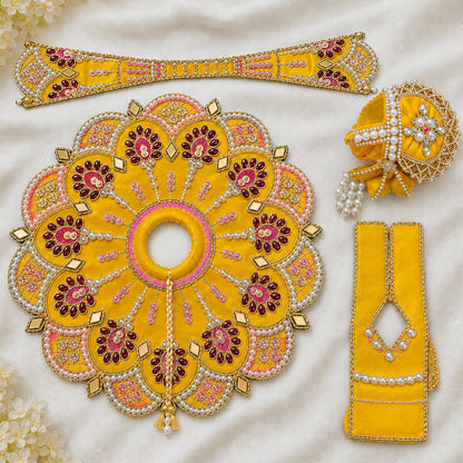 Premium Designer Yellow Laddu Gopal Poshak with Heavy Kundan Work & Jewelled Mukut